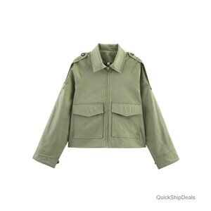 Cropped Trench Coat Zip Up Jacket with Pockets Casual Work Outerwear